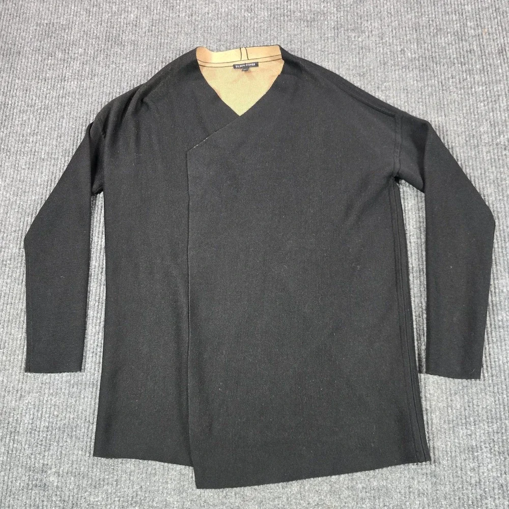 Eileen Fisher‎ Wrap Knit Cardigan Womens Small Black V Neck Silk Blend Stretch